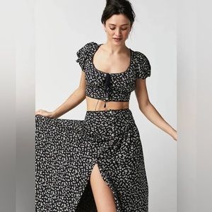 Free People Womens XLarge Easy to Love Black Floral Midi Crop Top Set Outfit New